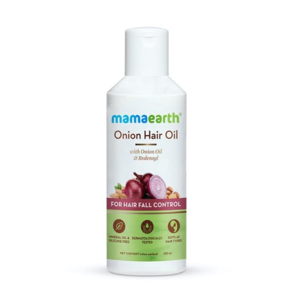 Mama earth brand onion hair oil in white bottle 150ml